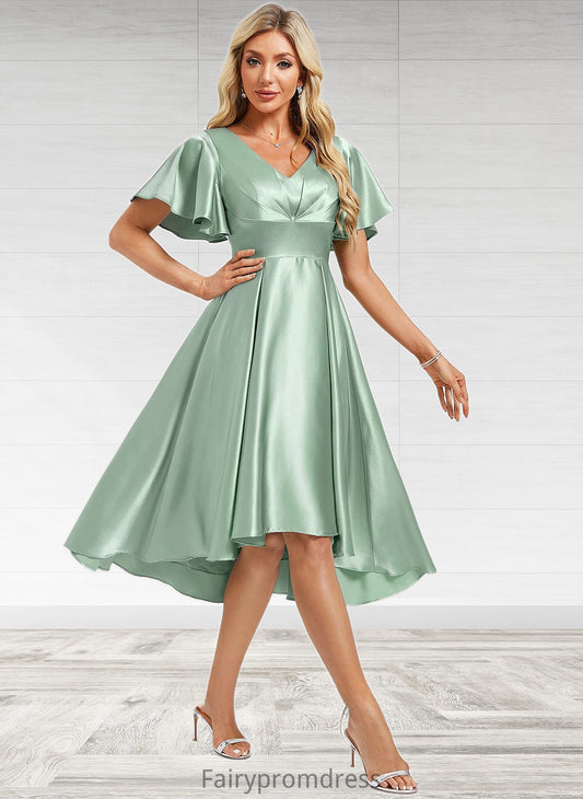 Perla A-line V-Neck Asymmetrical Stretch Satin Bridesmaid Dress With Ruffle DJP0025772