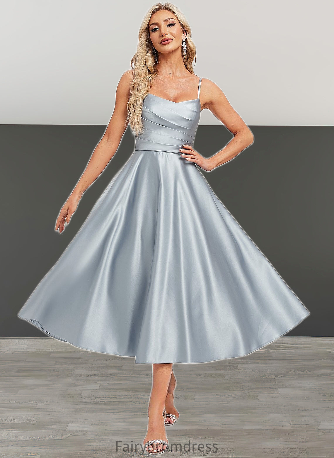 Sydnee A-line V-Neck Tea-Length Satin Bridesmaid Dress DJP0025794