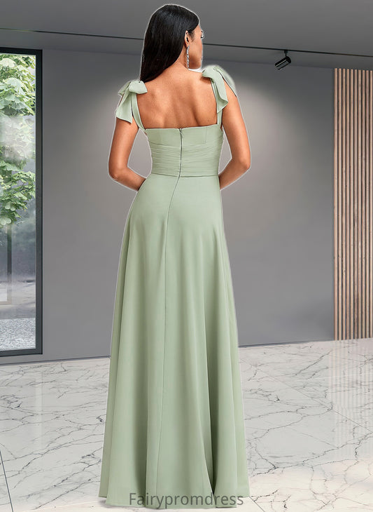 Londyn A-line Cowl Floor-Length Chiffon Bridesmaid Dress With Bow DJP0025738