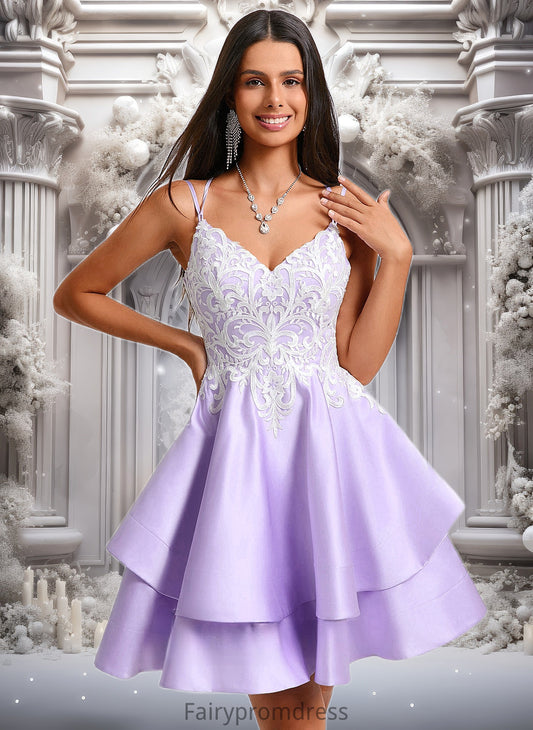 Mercedes A-line V-Neck Short Satin Homecoming Dress With Appliques Lace DJP0025696