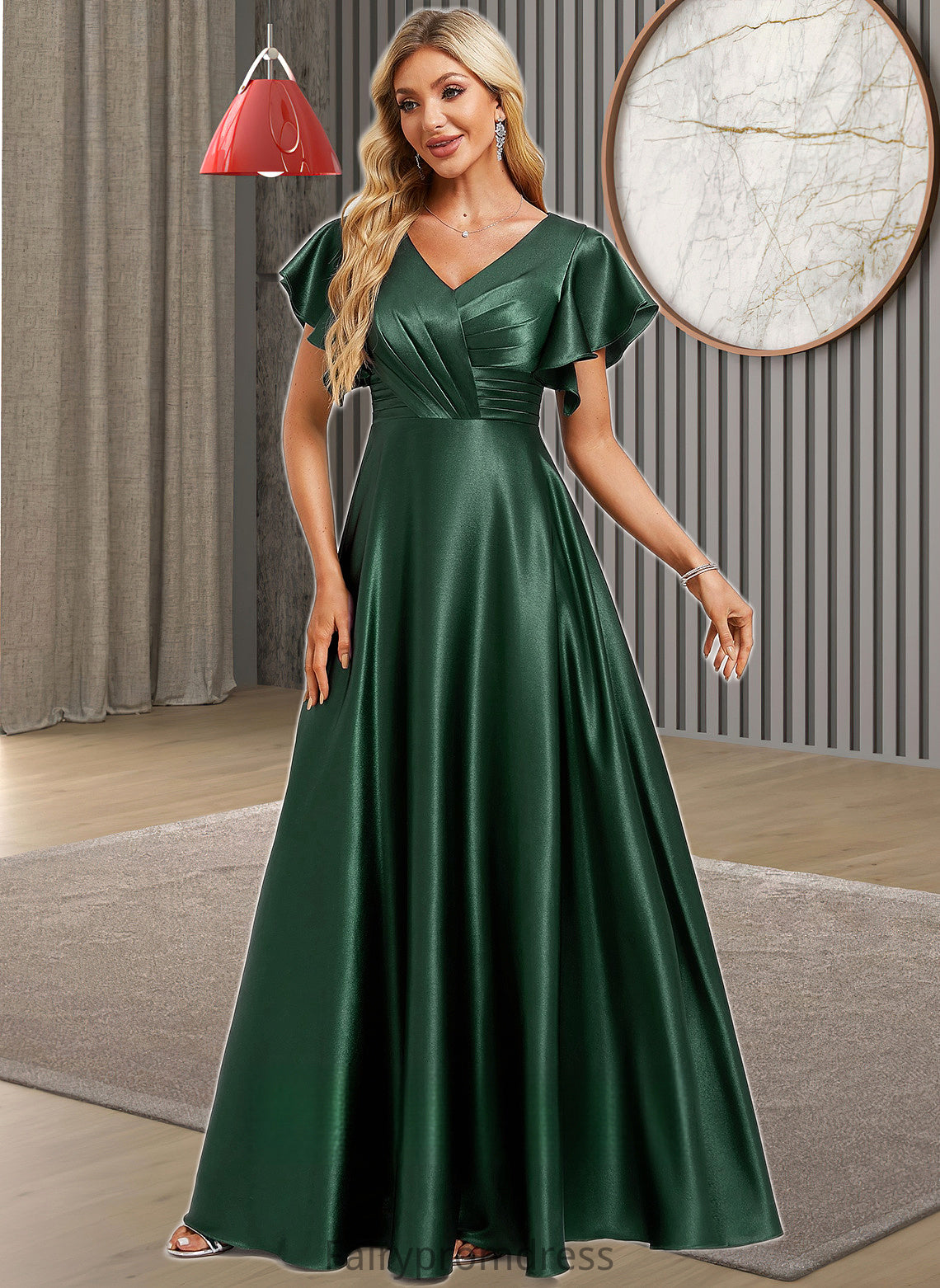 Mylie A-line V-Neck Floor-Length Stretch Satin Bridesmaid Dress With Ruffle DJP0025773