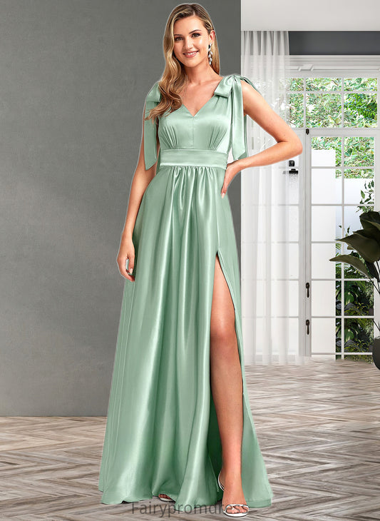 Georgia A-line V-Neck Floor-Length Stretch Satin Bridesmaid Dress With Bow DJP0025737