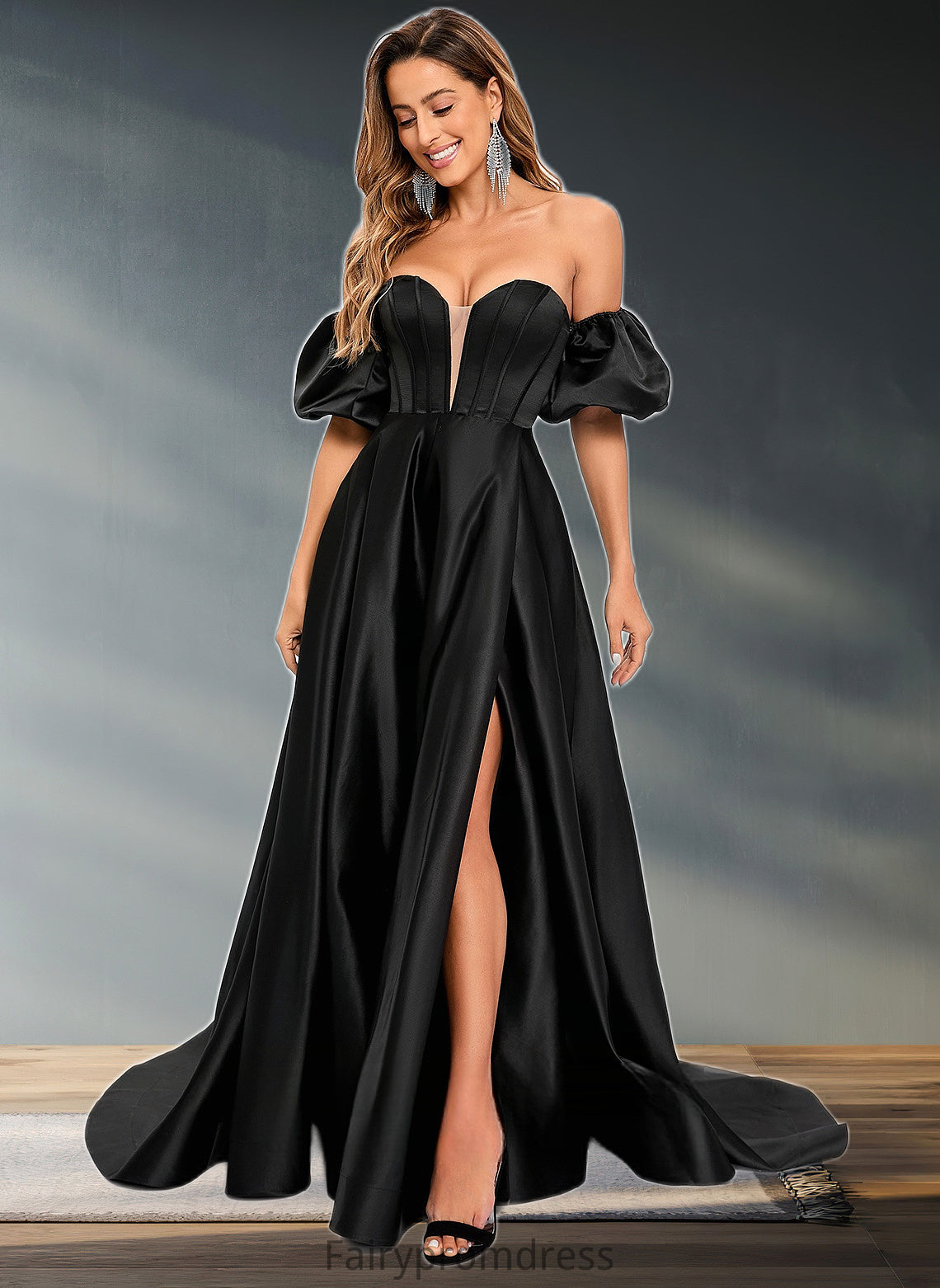 Anne A-line V-Neck Sweep Train Satin Prom Dresses DJP0025842