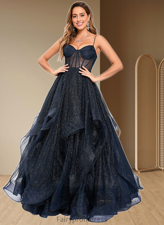 Breanna Ball-Gown/Princess V-Neck Floor-Length Tulle Prom Dresses DJP0025863