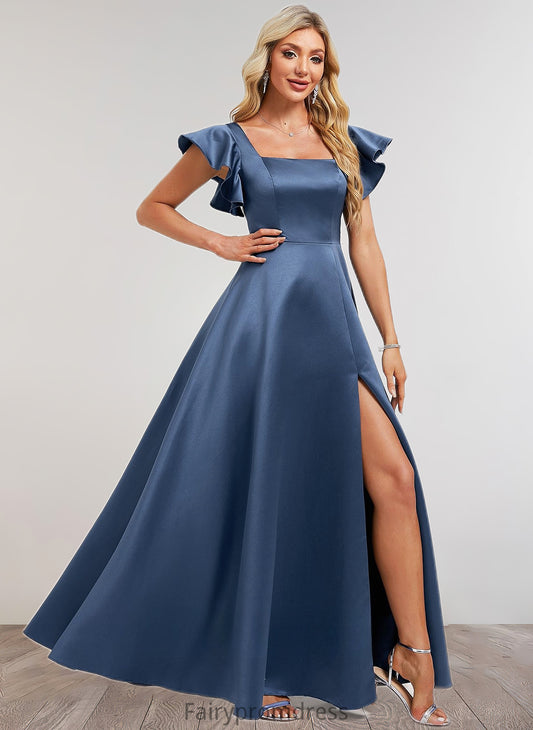 Haven A-line Square Floor-Length Satin Bridesmaid Dress With Ruffle DJP0025774