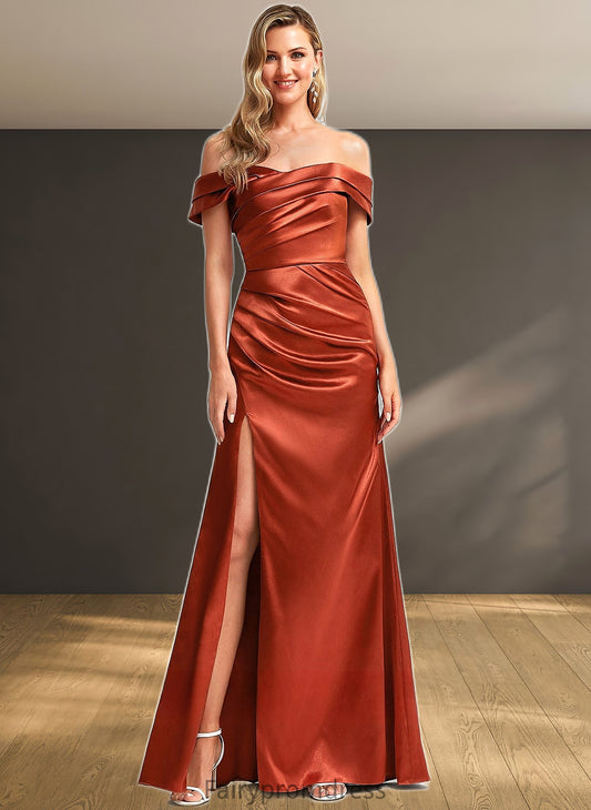 Jaiden A-line Off the Shoulder Floor-Length Stretch Satin Bridesmaid Dress DJP0025757