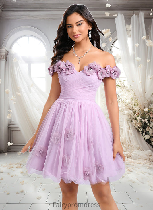 Guadalupe Ball-Gown/Princess Off the Shoulder Short Tulle Homecoming Dress With Pleated Flower DJP0025668