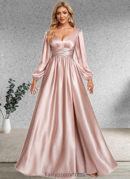 Giselle A-line V-Neck Floor-Length Stretch Satin Prom Dresses DJP0025880