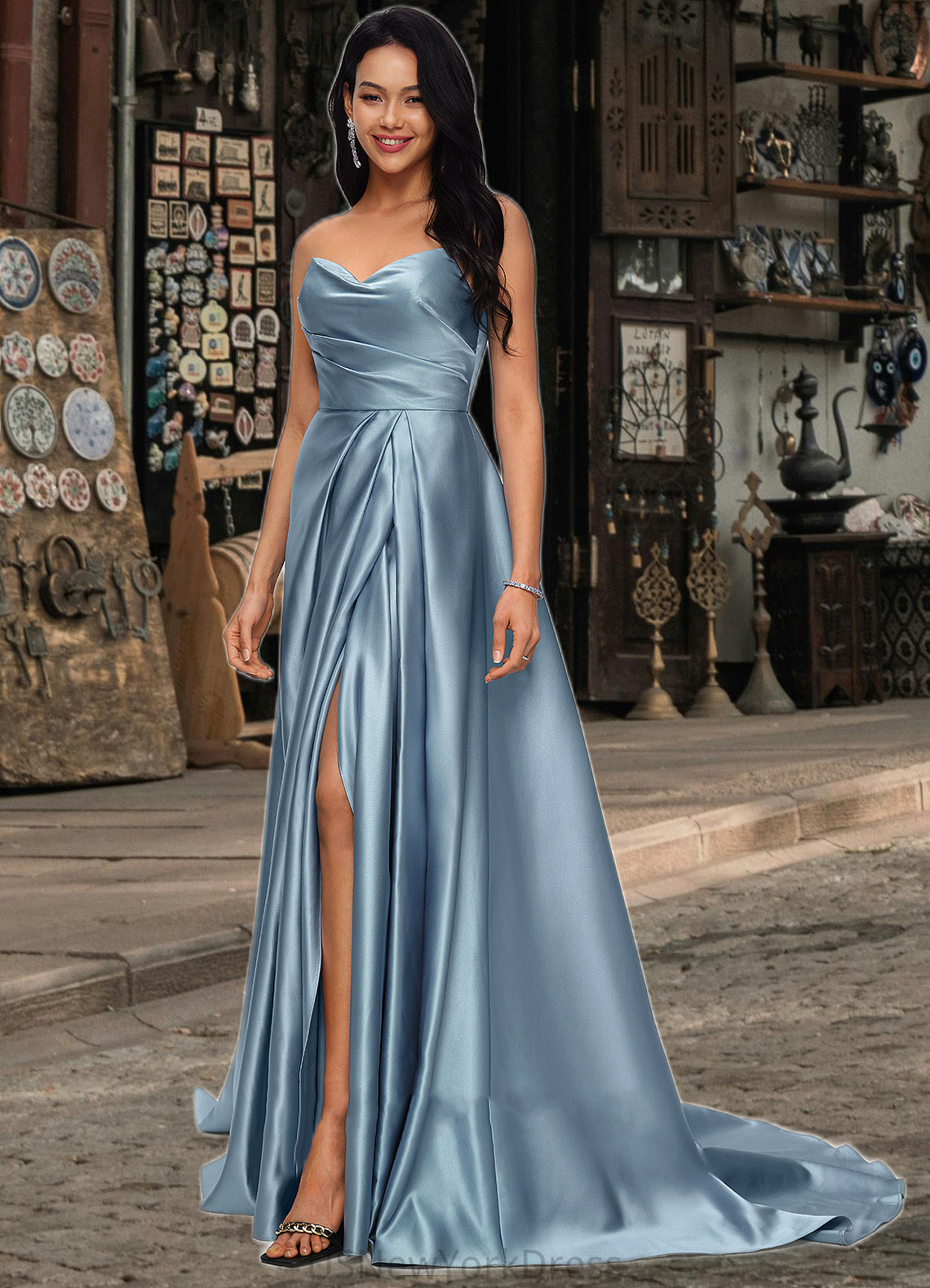 Patsy Ball-Gown/Princess V-Neck Sweep Train Satin Prom Dresses DJP0022191