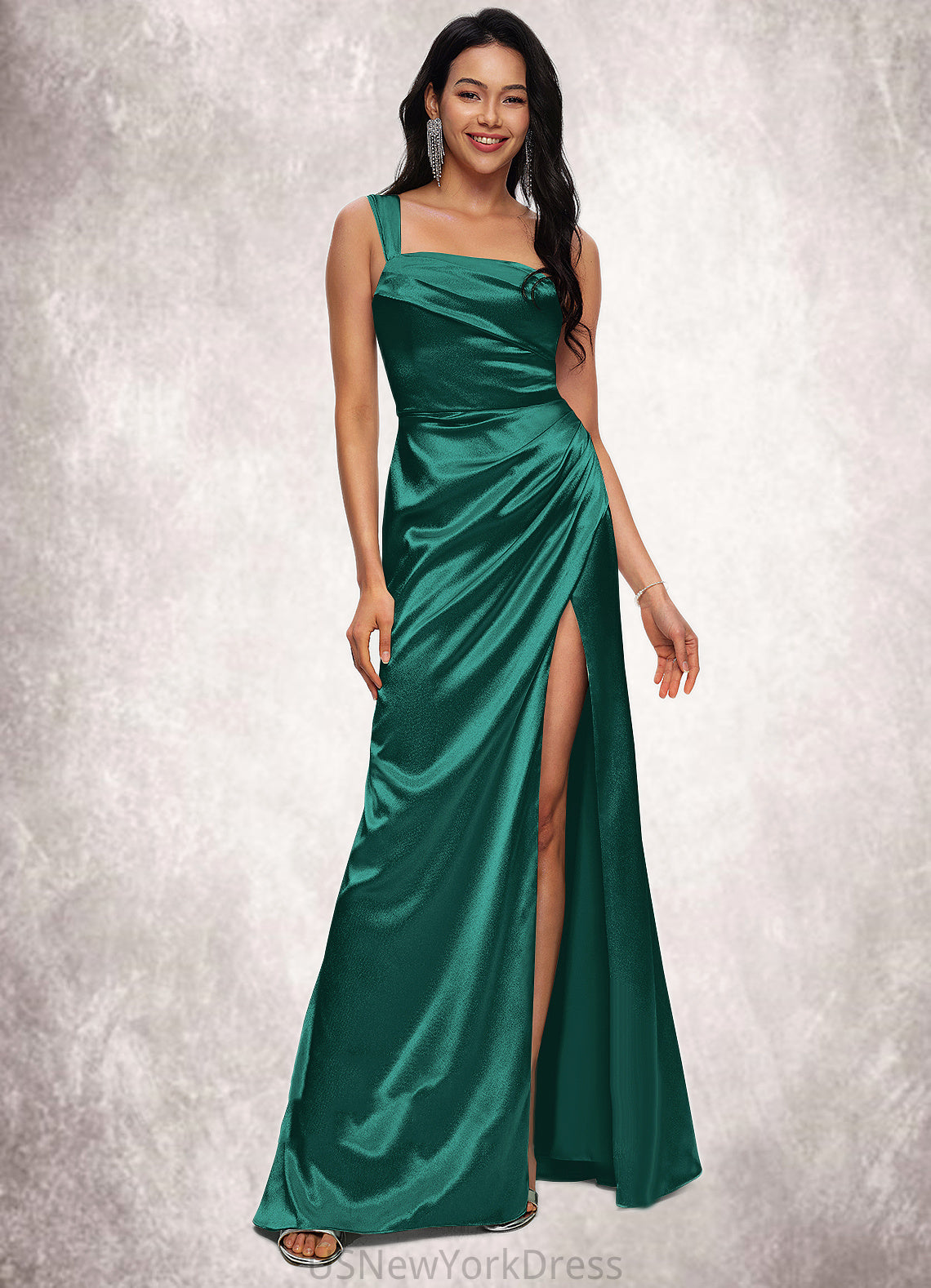 Aliana Sheath/Column Asymmetrical Floor-Length Stretch Satin Prom Dresses DJP0022193