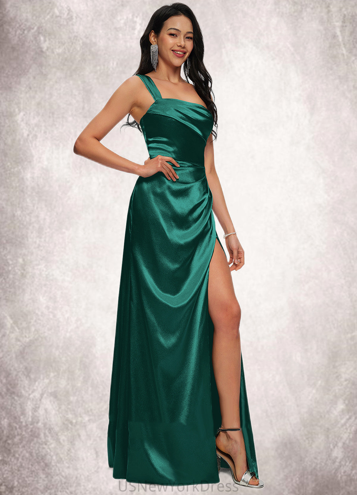 Aliana Sheath/Column Asymmetrical Floor-Length Stretch Satin Prom Dresses DJP0022193