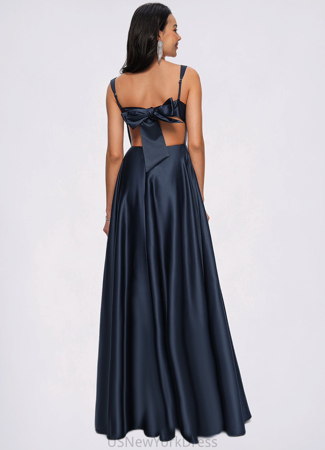 Olga A-line Straight Floor-Length Satin Prom Dresses With Bow DJP0022195