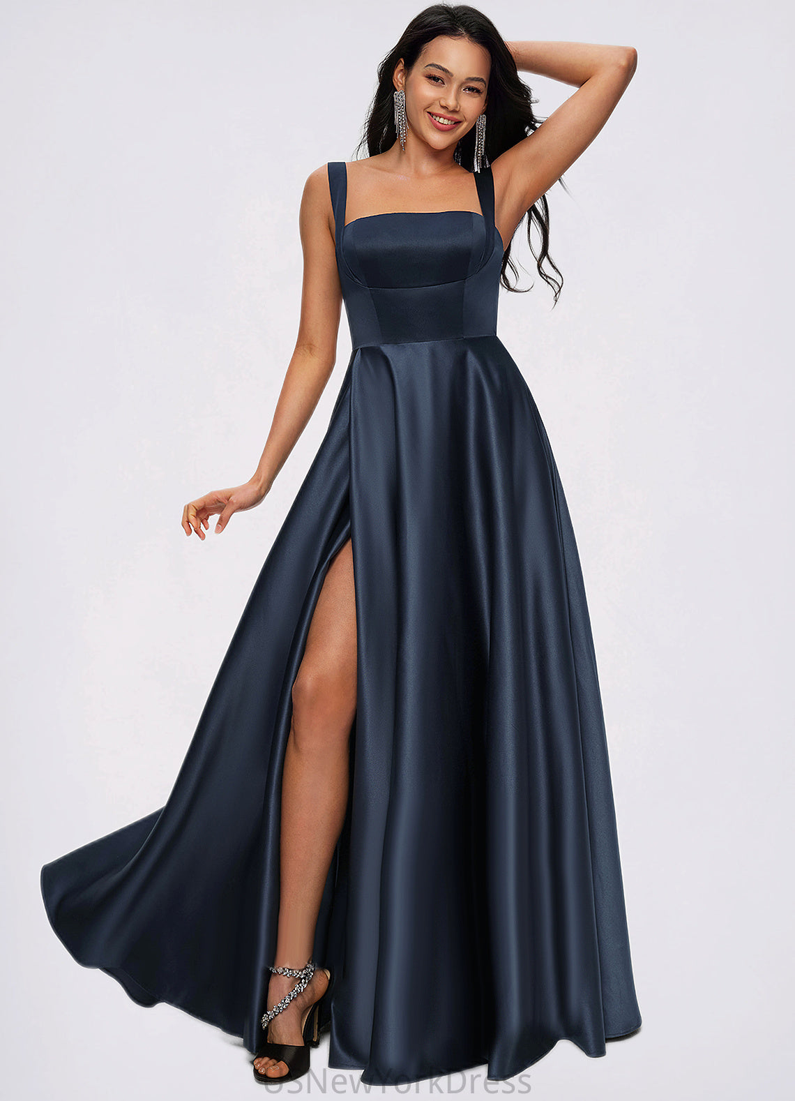 Olga A-line Straight Floor-Length Satin Prom Dresses With Bow DJP0022195