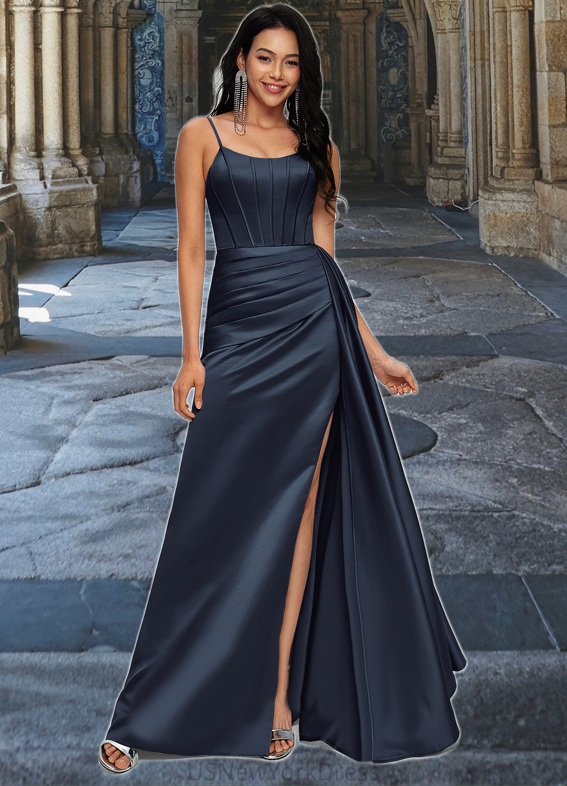 EmeryPiper Sheath/Column Scoop Floor-Length Satin Prom Dresses DJP0022196