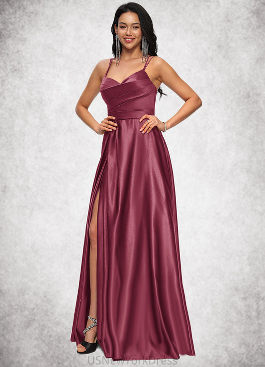 Tina A-line V-Neck Floor-Length Satin Prom Dresses DJP0022197