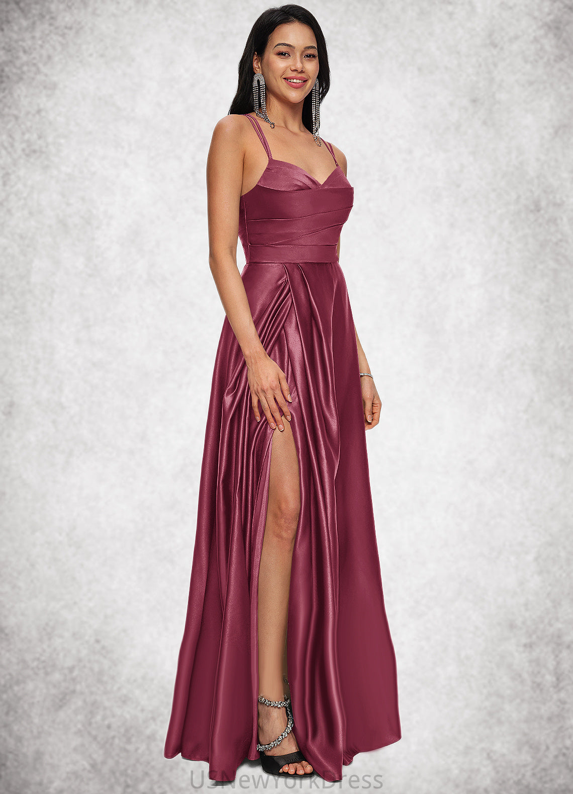 Tina A-line V-Neck Floor-Length Satin Prom Dresses DJP0022197