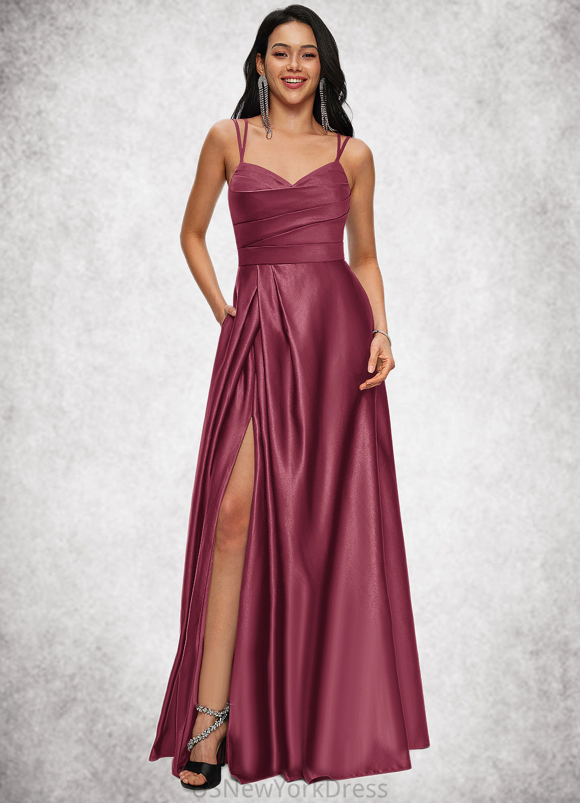 Tina A-line V-Neck Floor-Length Satin Prom Dresses DJP0022197