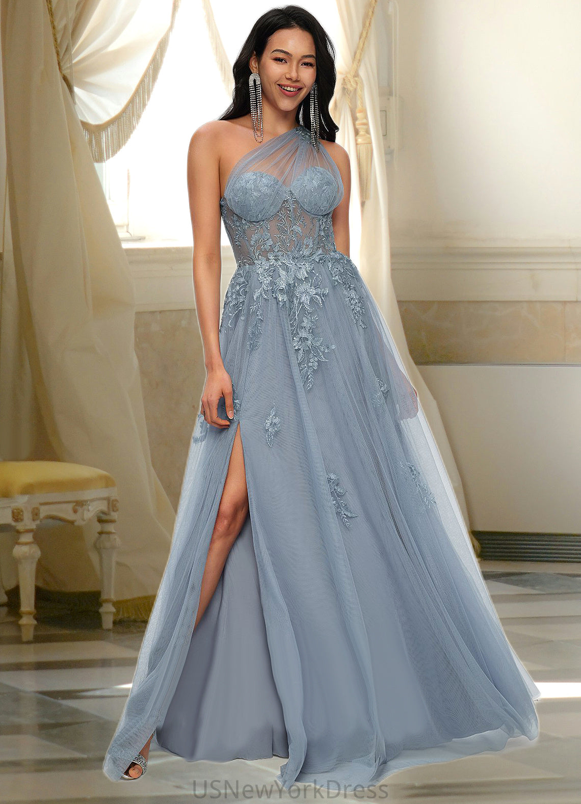 Margaret A-line One Shoulder Floor-Length Tulle Prom Dresses With Appliques Lace Sequins DJP0022200