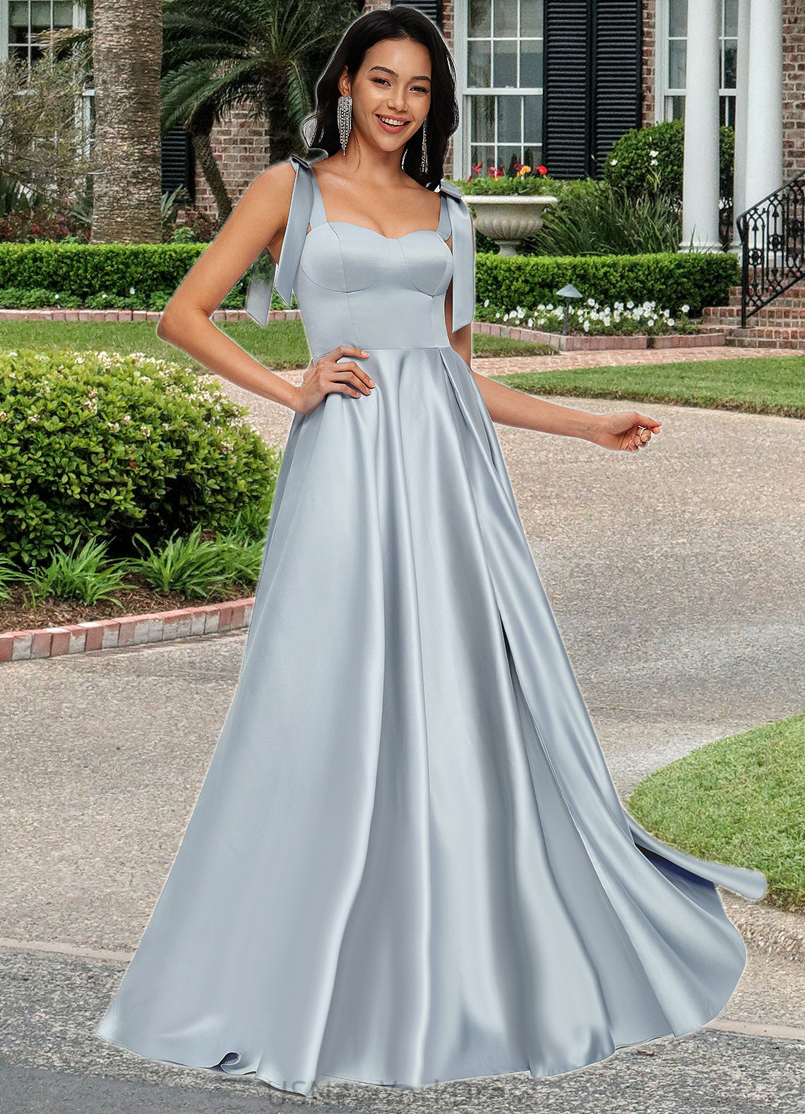 Daphne A-line Sweetheart Sweep Train Satin Prom Dresses With Bow DJP0022203