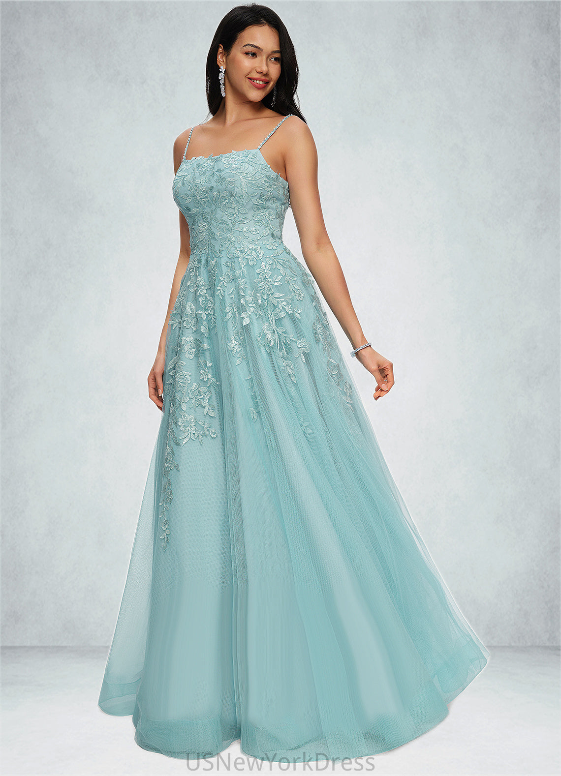 Zoie Ball-Gown/Princess Straight Floor-Length Tulle Prom Dresses With Appliques Lace Sequins DJP0022206