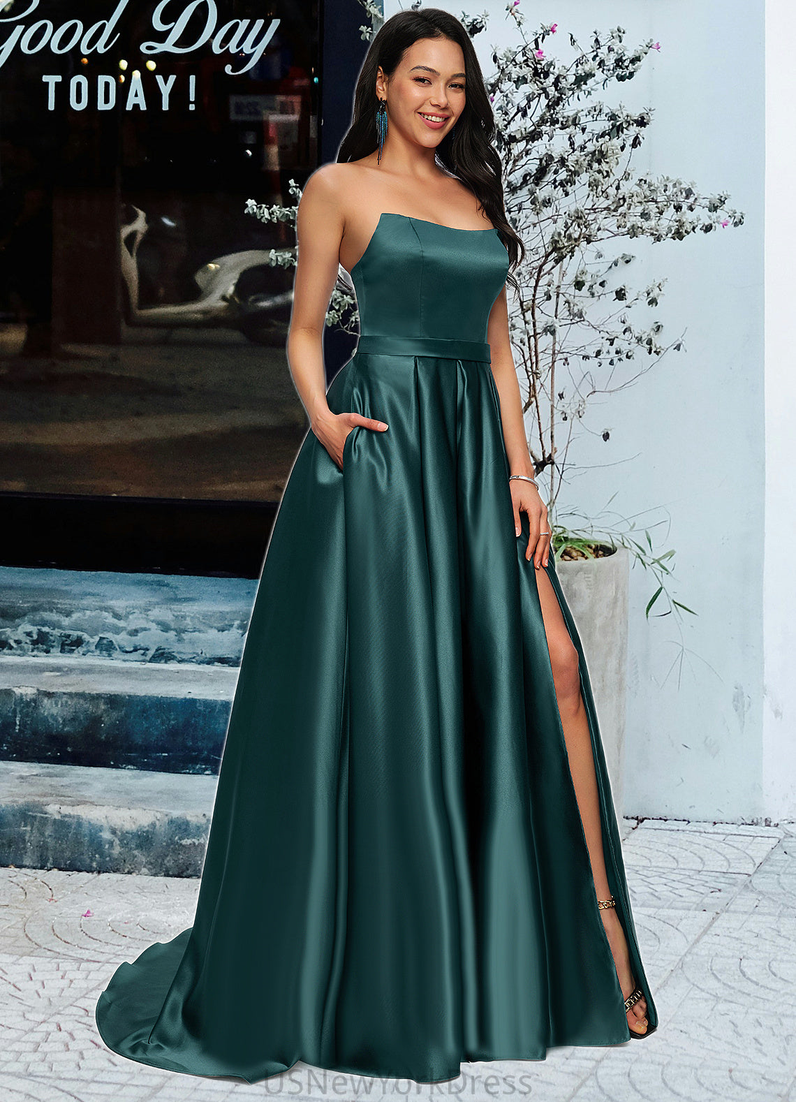 Henrietta Ball-Gown/Princess Sweep Train Satin Prom Dresses DJP0022207