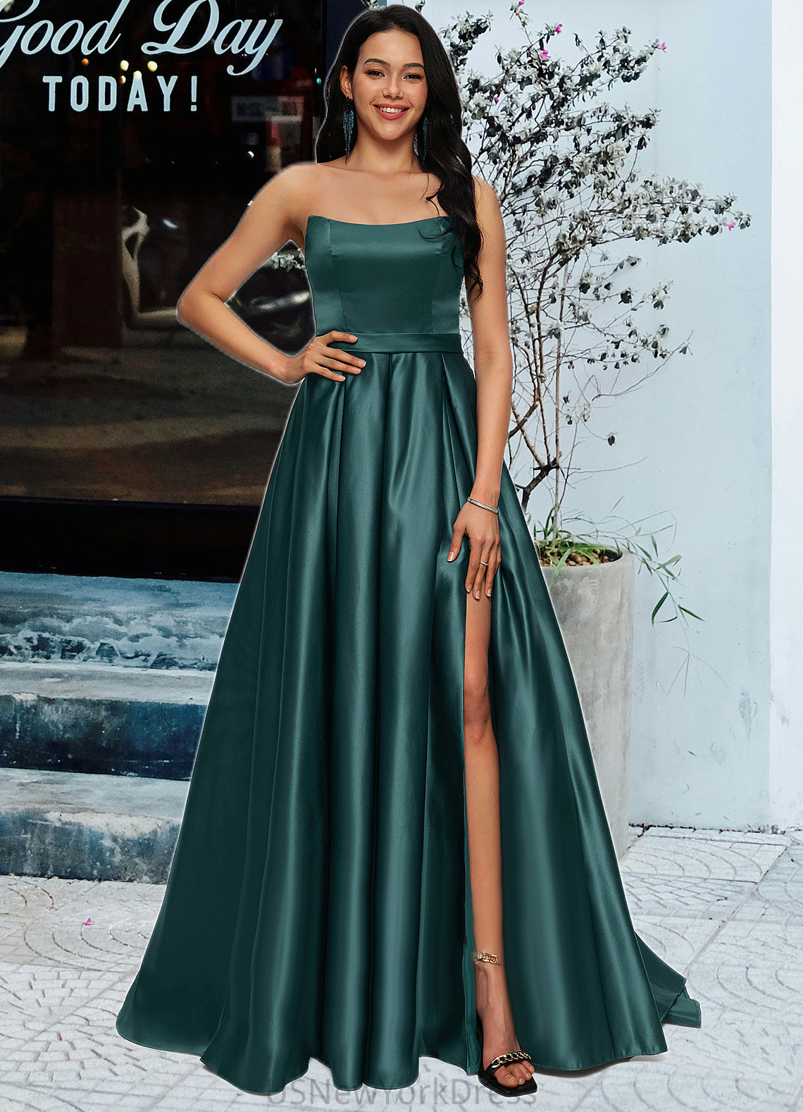 Henrietta Ball-Gown/Princess Sweep Train Satin Prom Dresses DJP0022207