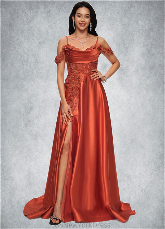 Esmeralda A-line Off the Shoulder Sweep Train Satin Prom Dresses With Rhinestone DJP0022208