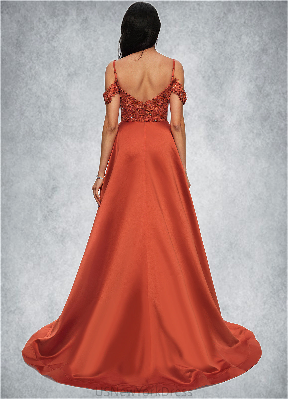 Esmeralda A-line Off the Shoulder Sweep Train Satin Prom Dresses With Rhinestone DJP0022208