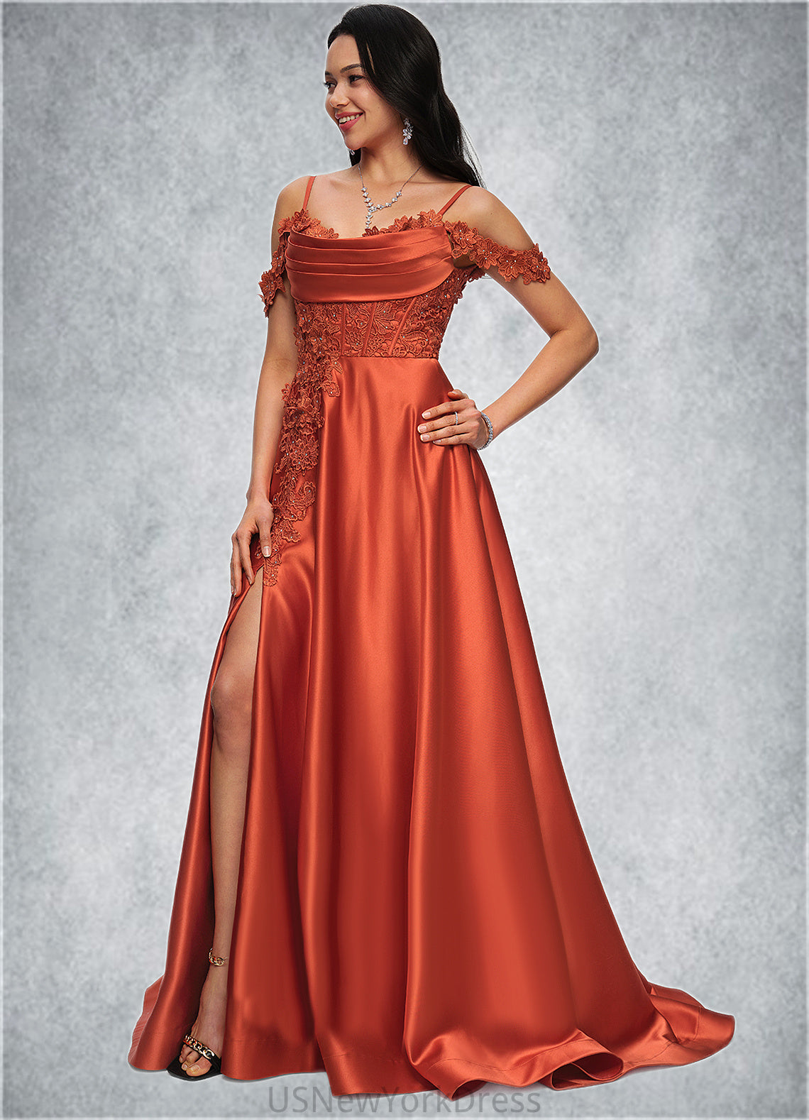 Esmeralda A-line Off the Shoulder Sweep Train Satin Prom Dresses With Rhinestone DJP0022208