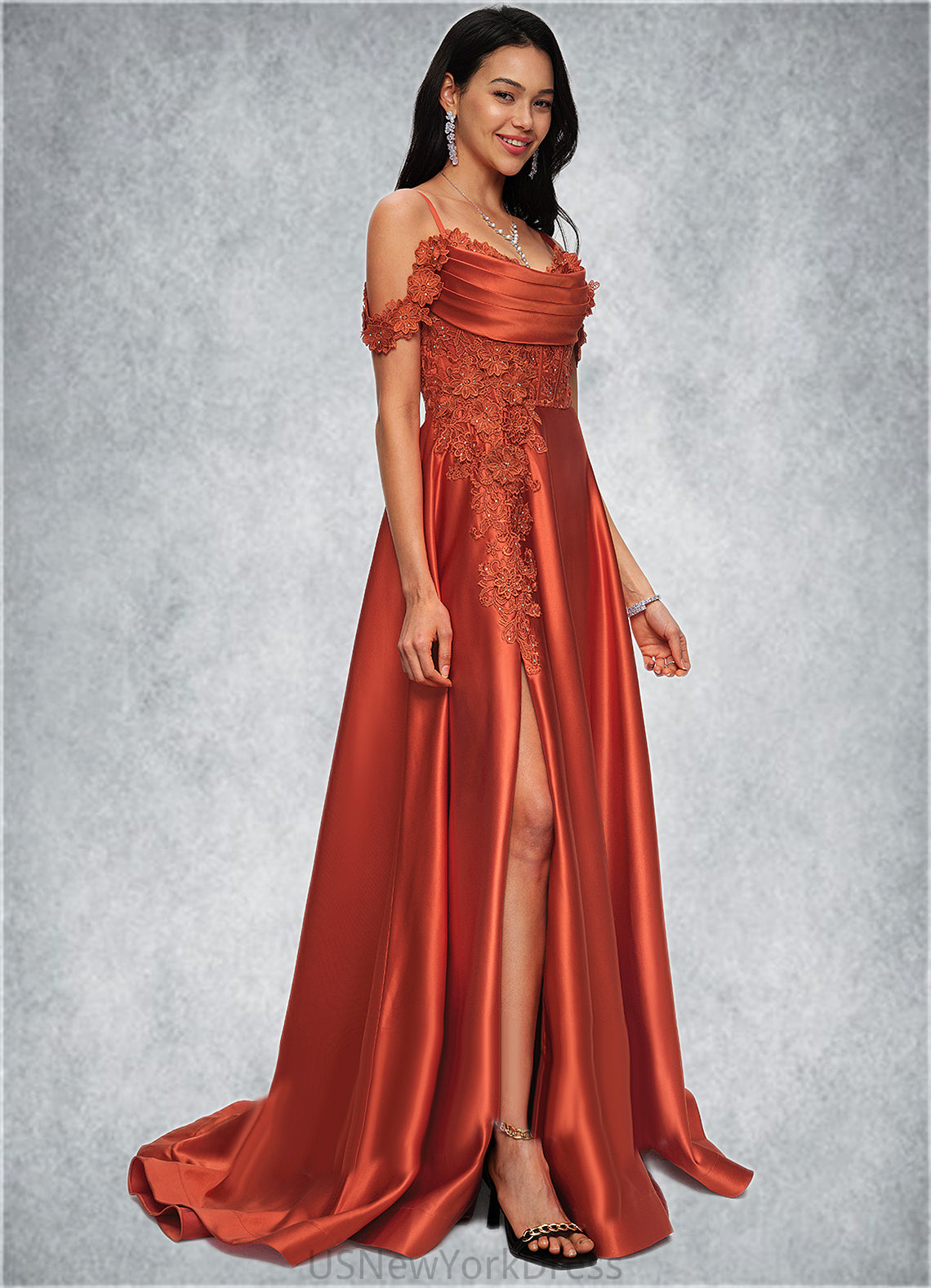 Esmeralda A-line Off the Shoulder Sweep Train Satin Prom Dresses With Rhinestone DJP0022208