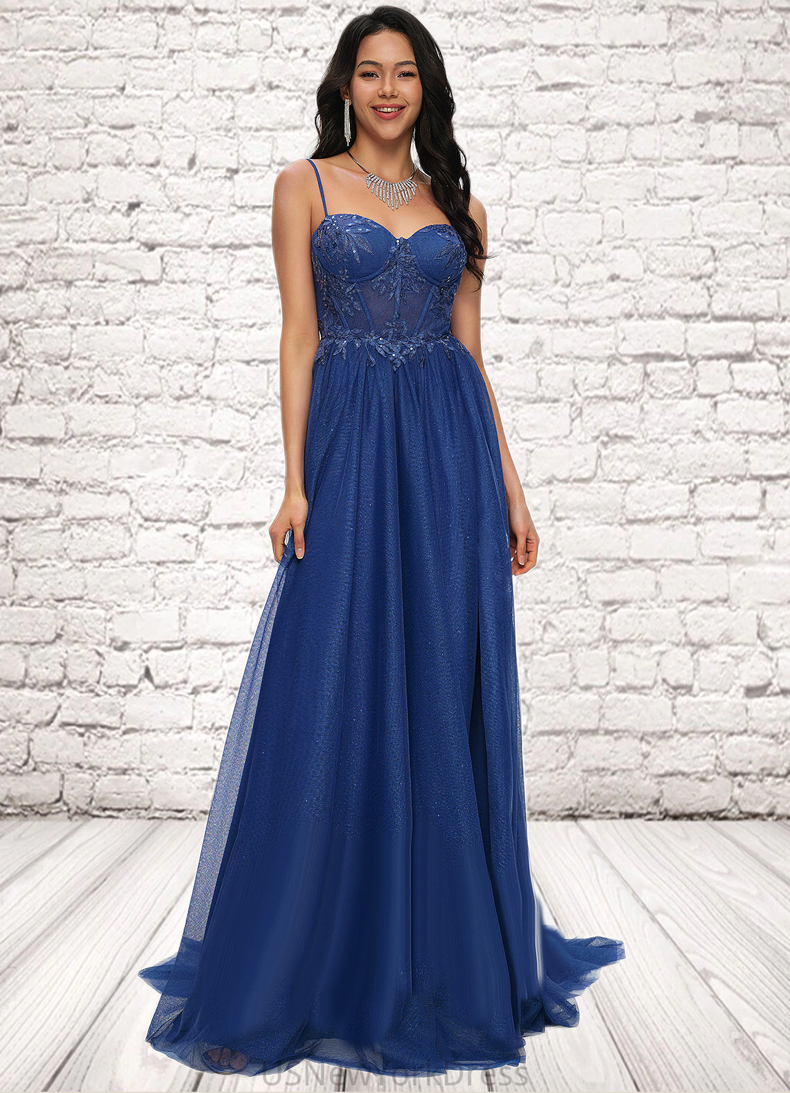 Saniyah Ball-Gown/Princess Sweetheart Sweep Train Tulle Prom Dresses With Appliques Lace Sequins DJP0022210