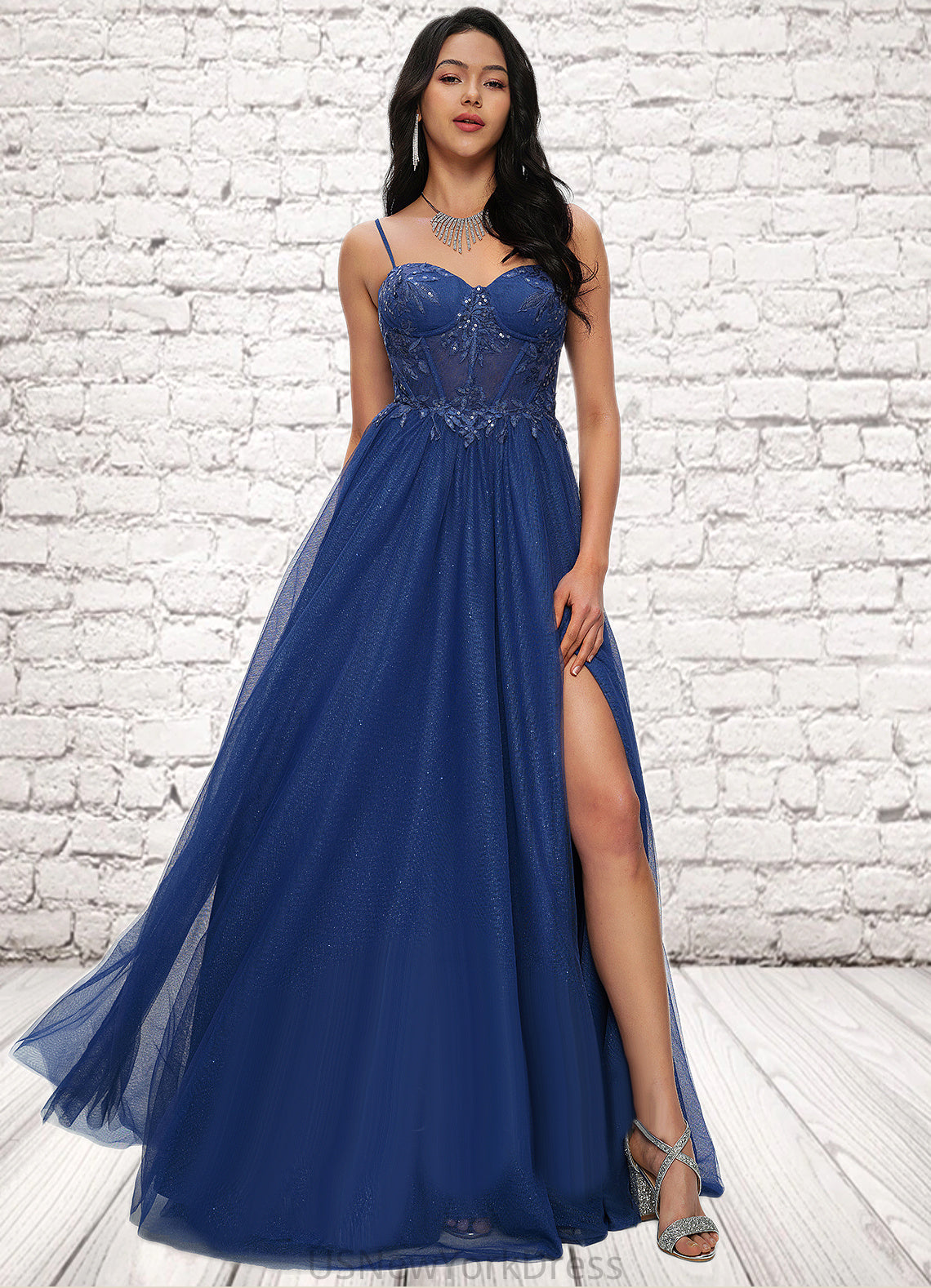 Saniyah Ball-Gown/Princess Sweetheart Sweep Train Tulle Prom Dresses With Appliques Lace Sequins DJP0022210