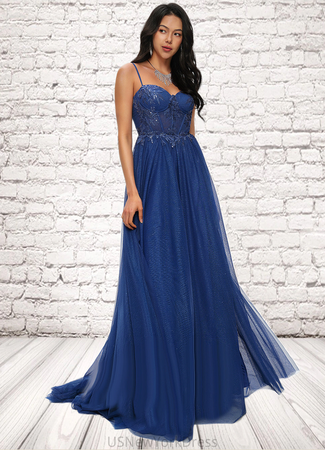 Saniyah Ball-Gown/Princess Sweetheart Sweep Train Tulle Prom Dresses With Appliques Lace Sequins DJP0022210