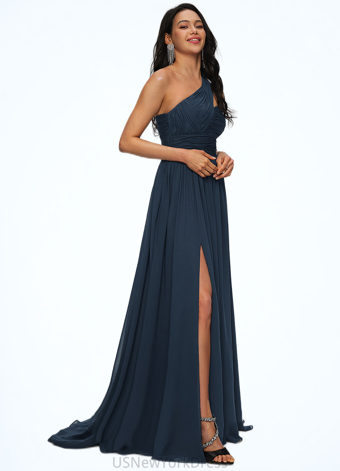 Winifred A-line Asymmetrical Sweep Train Chiffon Prom Dresses With Pleated DJP0022212