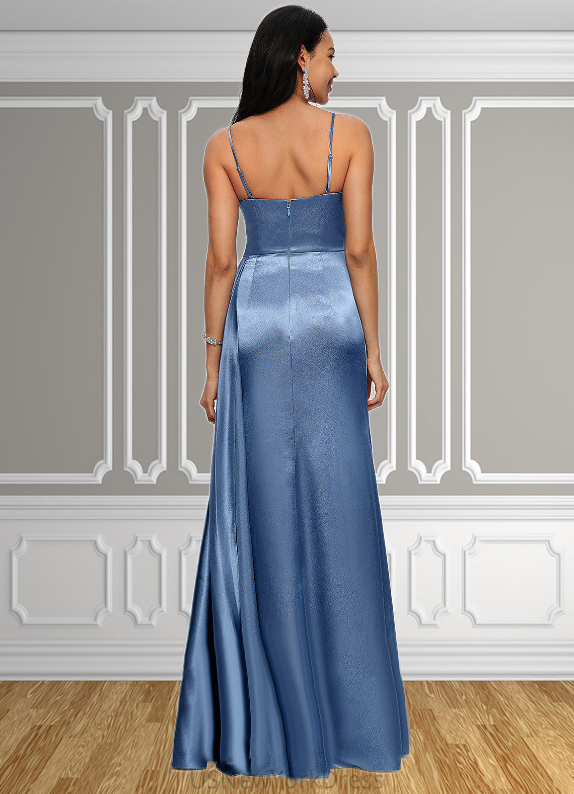 Shea Sheath/Column V-Neck Floor-Length Stretch Satin Prom Dresses With Pleated DJP0022214