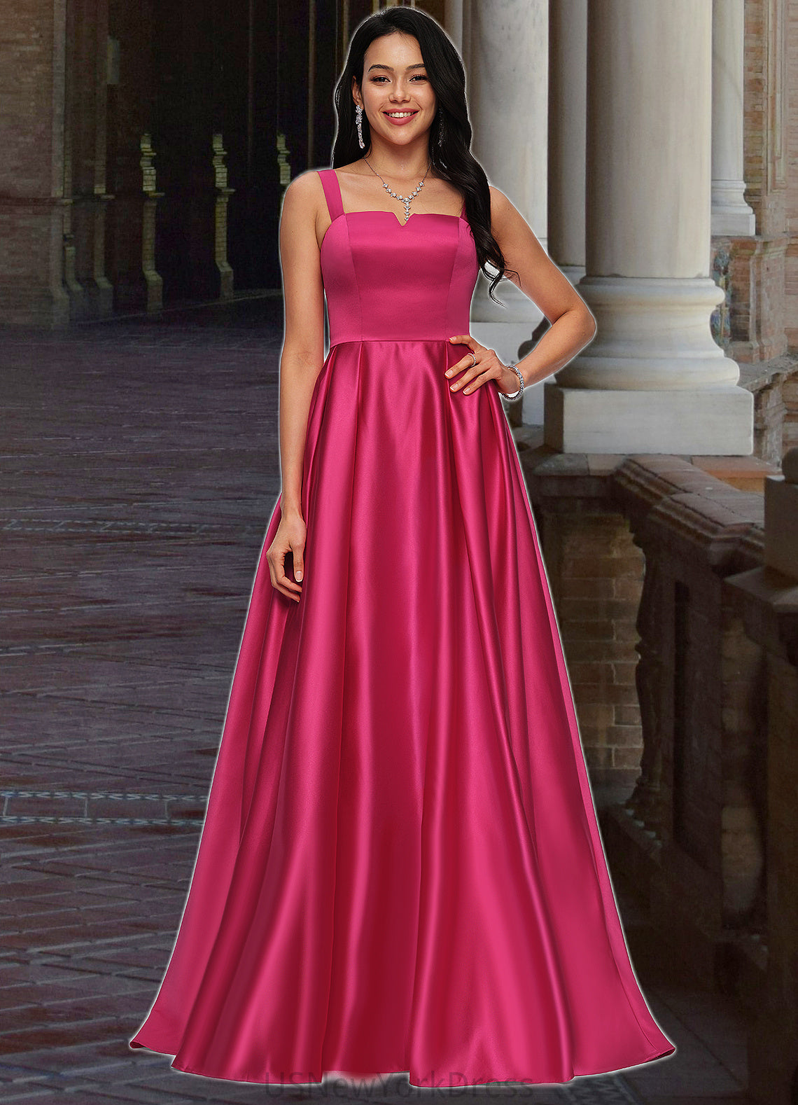 Thea Ball-Gown/Princess V-Neck Sweep Train Satin Prom Dresses DJP0022215