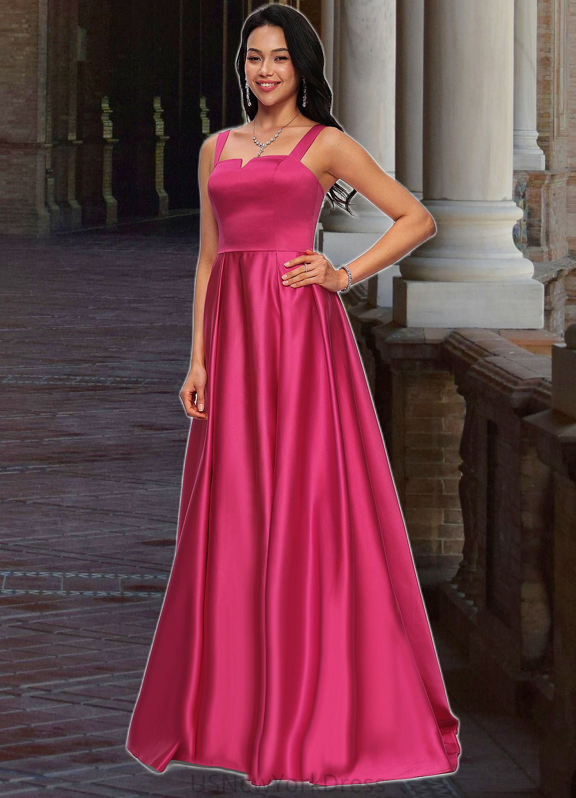 Thea Ball-Gown/Princess V-Neck Sweep Train Satin Prom Dresses DJP0022215