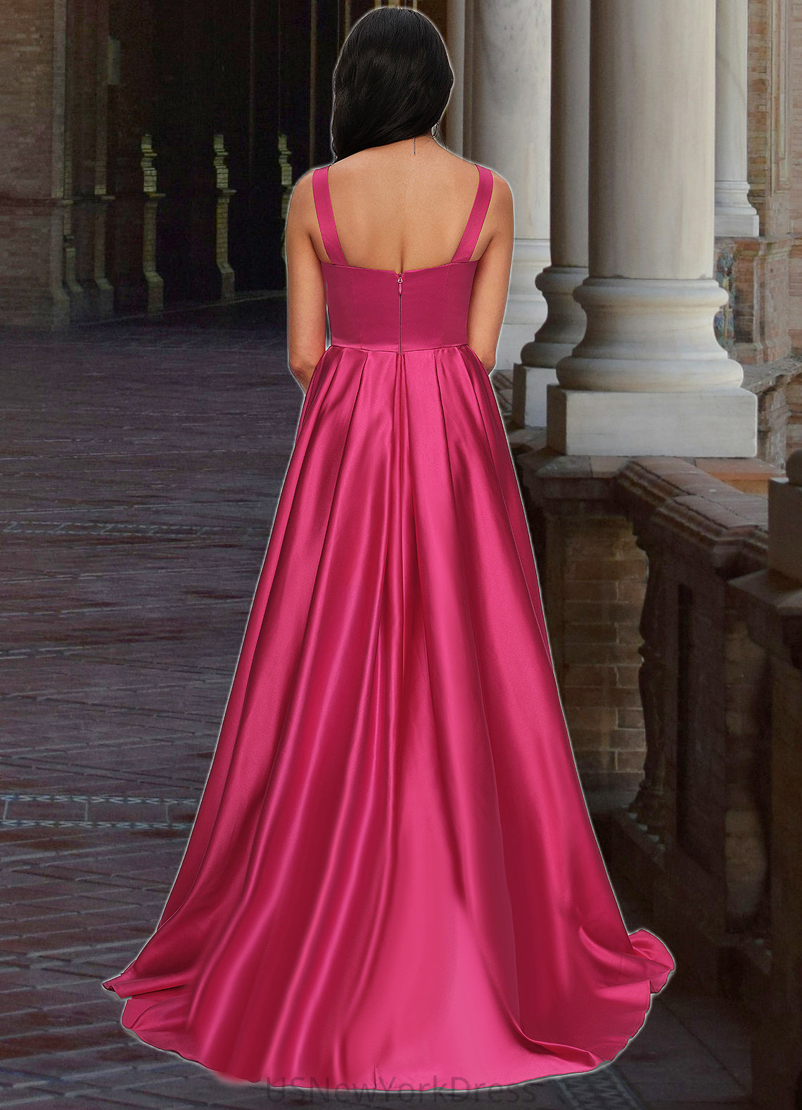 Thea Ball-Gown/Princess V-Neck Sweep Train Satin Prom Dresses DJP0022215