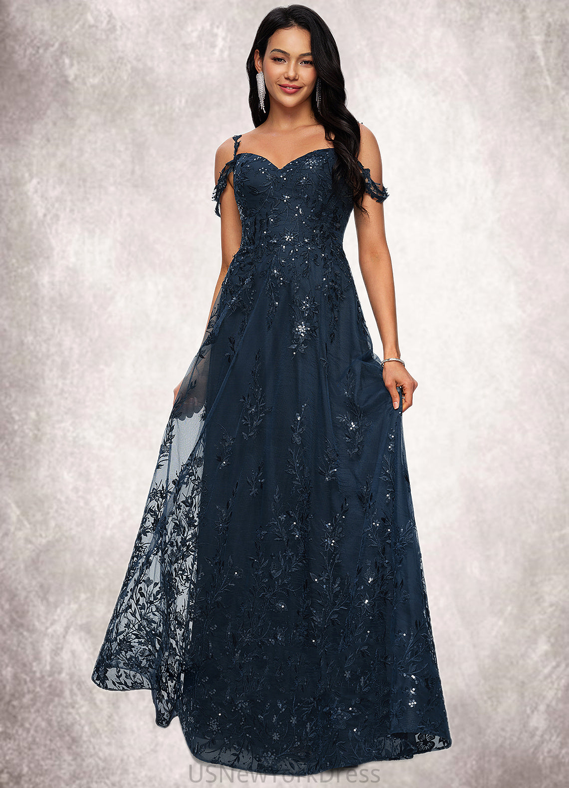 Kayleigh A-line V-Neck Floor-Length Lace Prom Dresses With Sequins DJP0022222