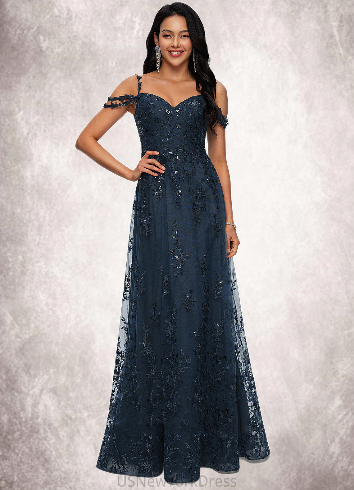 Kayleigh A-line V-Neck Floor-Length Lace Prom Dresses With Sequins DJP0022222