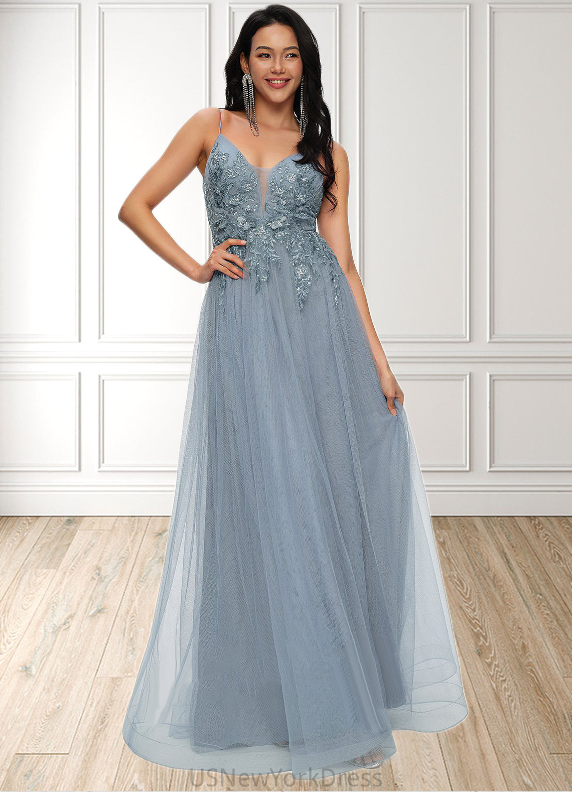 Kailyn A-line V-Neck Floor-Length Tulle Prom Dresses With Appliques Lace Sequins DJP0022223