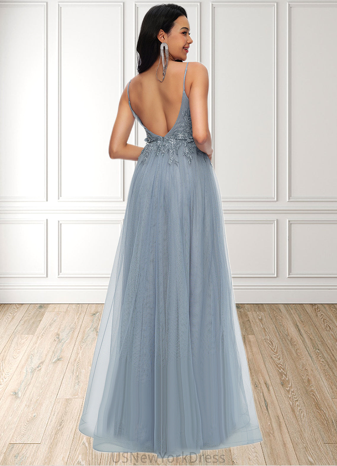 Kailyn A-line V-Neck Floor-Length Tulle Prom Dresses With Appliques Lace Sequins DJP0022223