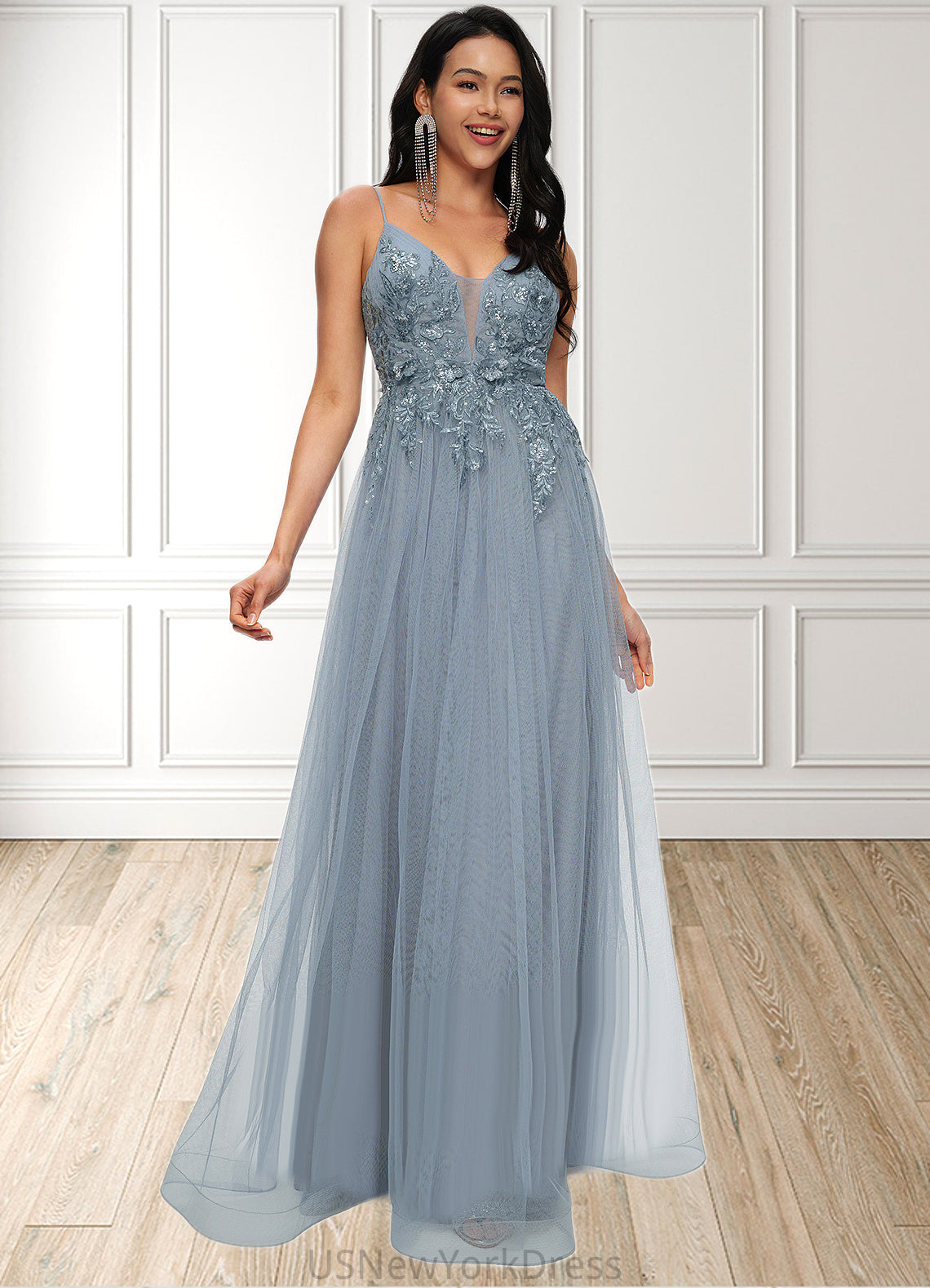 Kailyn A-line V-Neck Floor-Length Tulle Prom Dresses With Appliques Lace Sequins DJP0022223