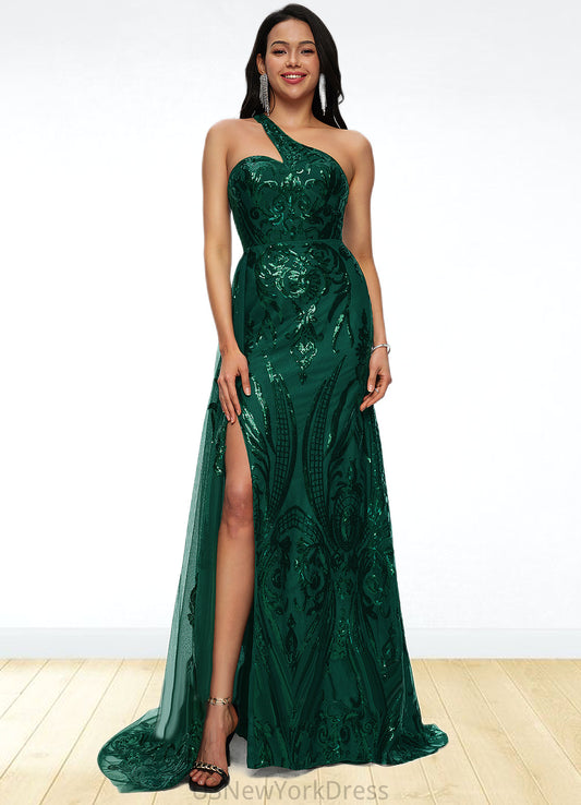 Tessa Trumpet/Mermaid One Shoulder Sweep Train Sequin Prom Dresses With Sequins DJP0022226