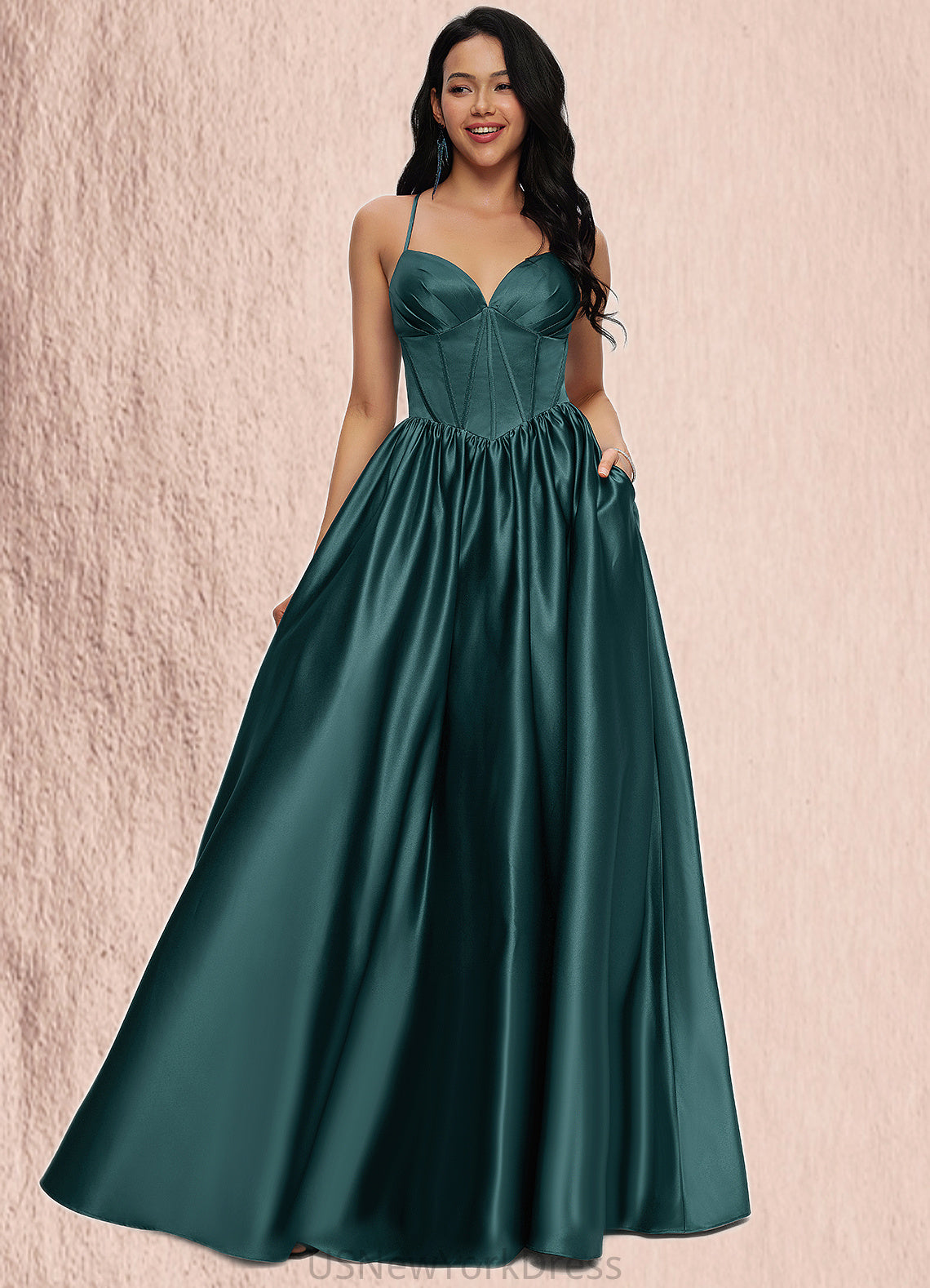 Milagros Ball-Gown/Princess V-Neck Floor-Length Satin Prom Dresses With Pleated DJP0022230