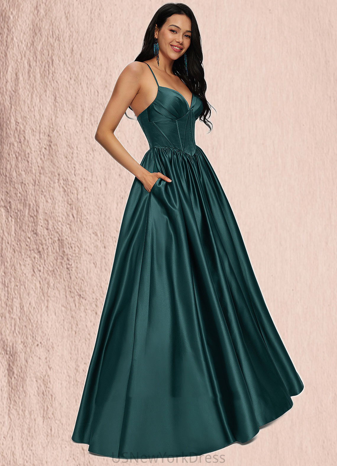 Milagros Ball-Gown/Princess V-Neck Floor-Length Satin Prom Dresses With Pleated DJP0022230