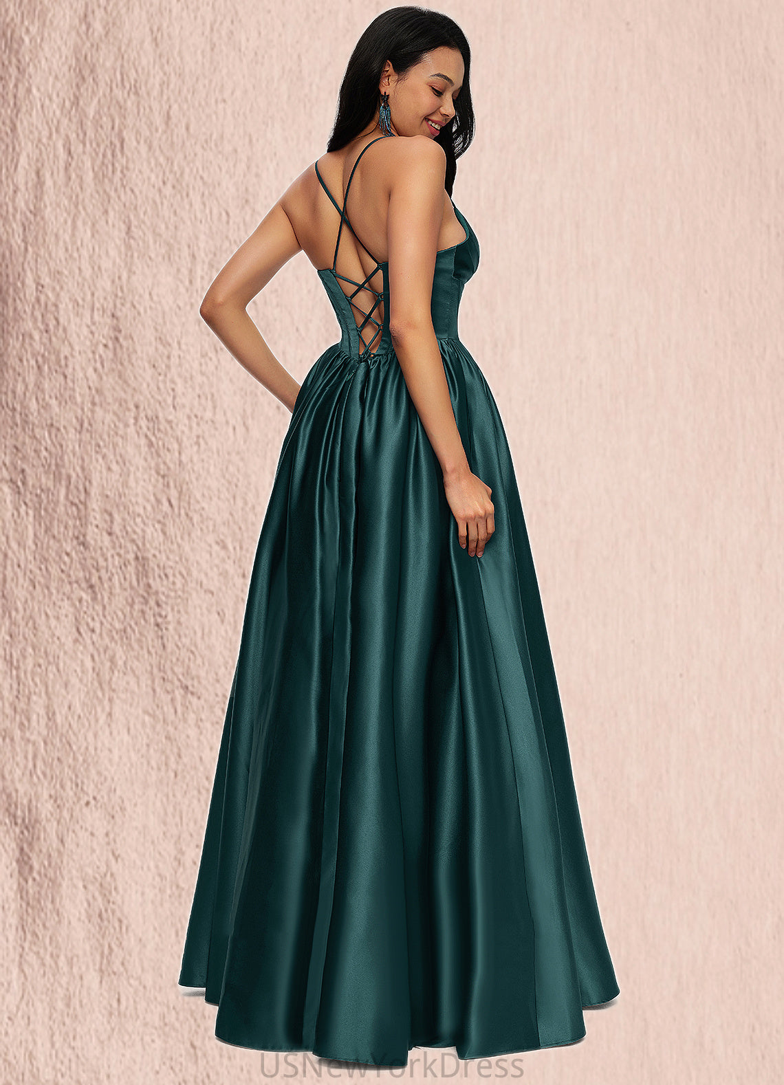 Milagros Ball-Gown/Princess V-Neck Floor-Length Satin Prom Dresses With Pleated DJP0022230