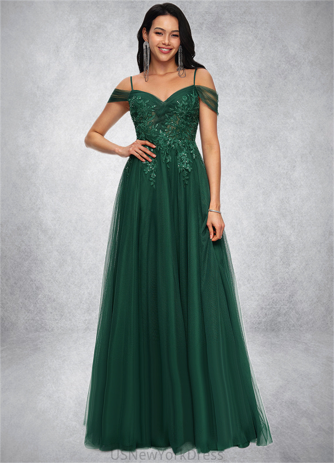 Beryl A-line Off the Shoulder Floor-Length Tulle Prom Dresses With Appliques Lace Sequins DJP0022231