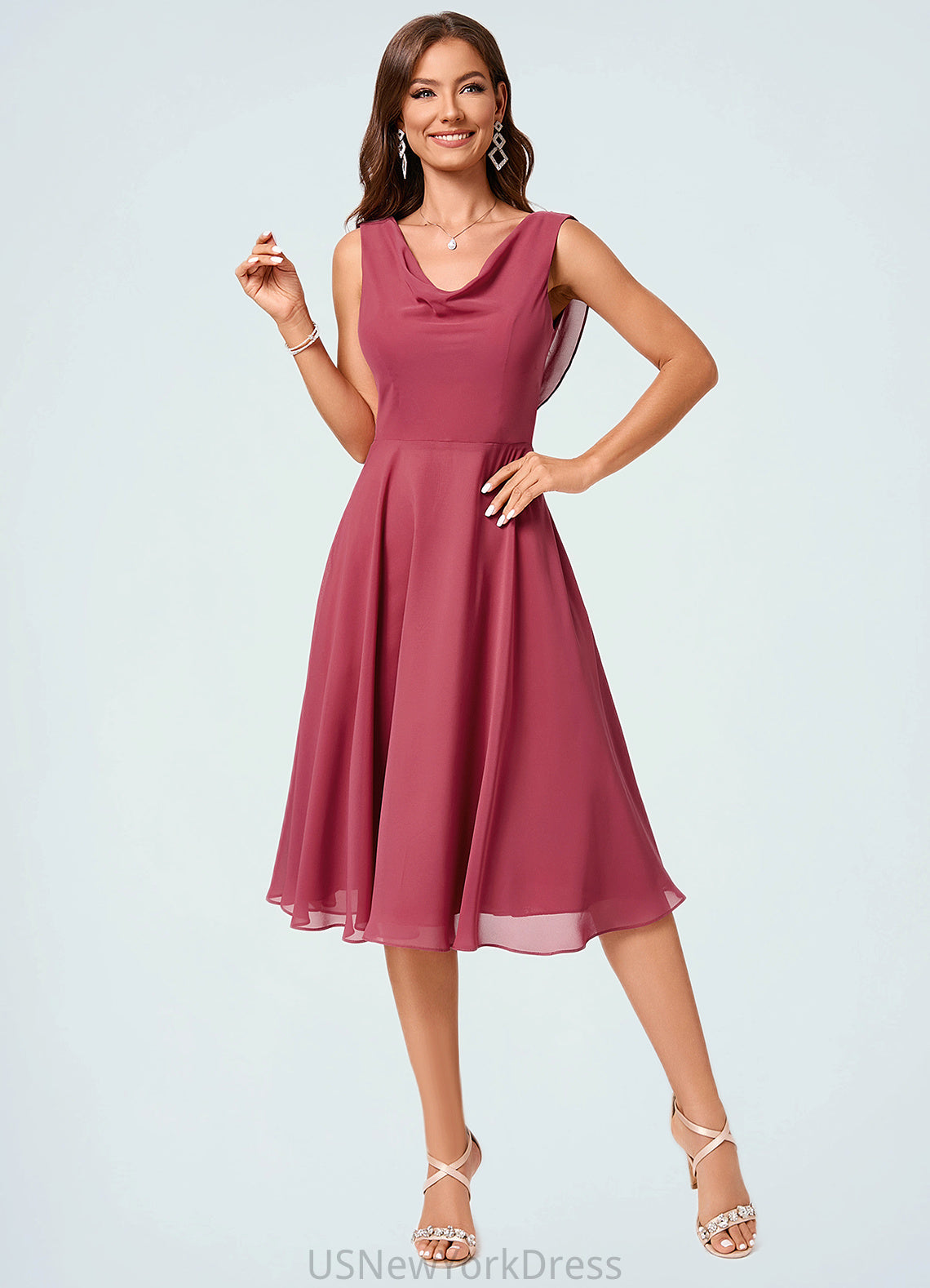 Sydney A-line Cowl Knee-Length Chiffon Cocktail Dress With Ruffle DJP0022232