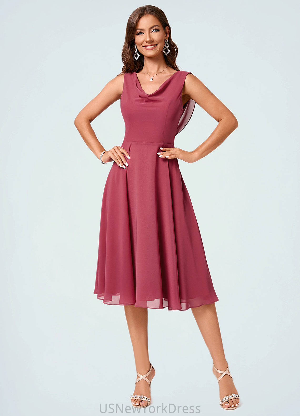 Sydney A-line Cowl Knee-Length Chiffon Cocktail Dress With Ruffle DJP0022232